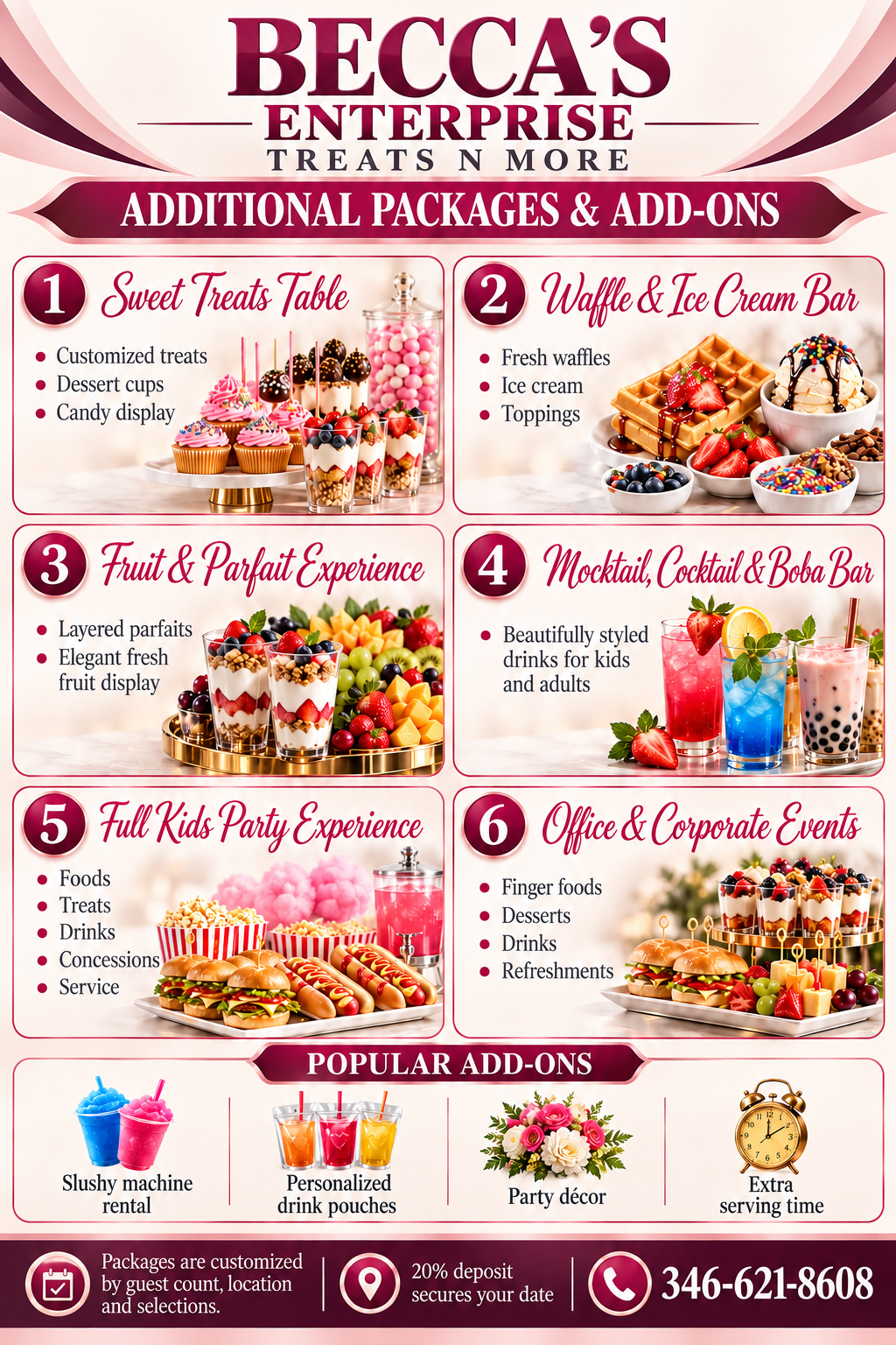Becca's Enterprise Additional Packages and Add-ons, including sweet treats, waffles, fruit, parfaits, drinks, kids parties and corporate events