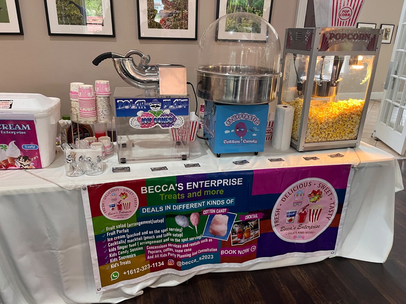 Popcorn, cotton candy, snow cone and ice cream concession setup