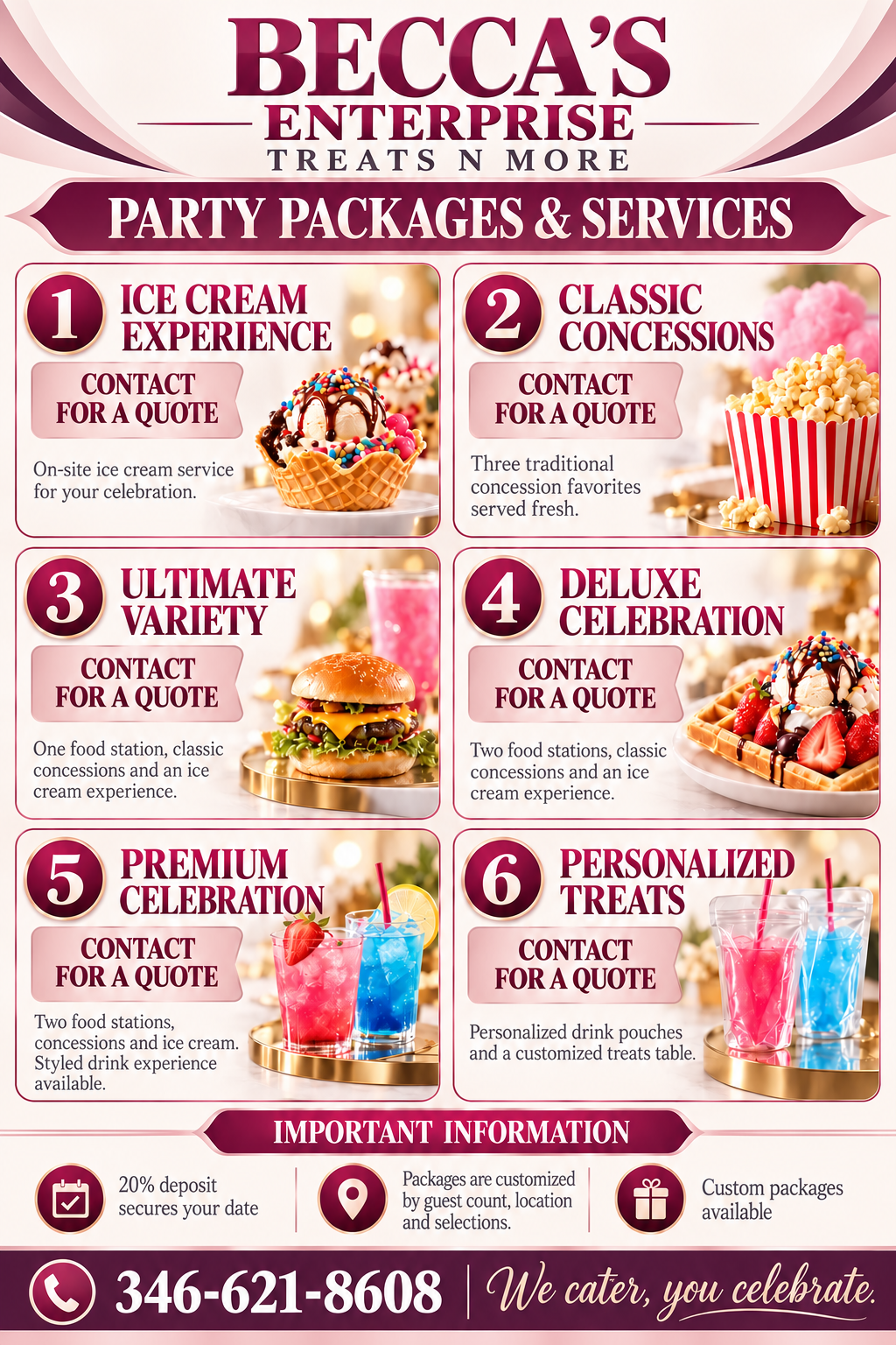 Becca's Enterprise main Party Packages and Services, including ice cream, concessions, food stations and personalized treats